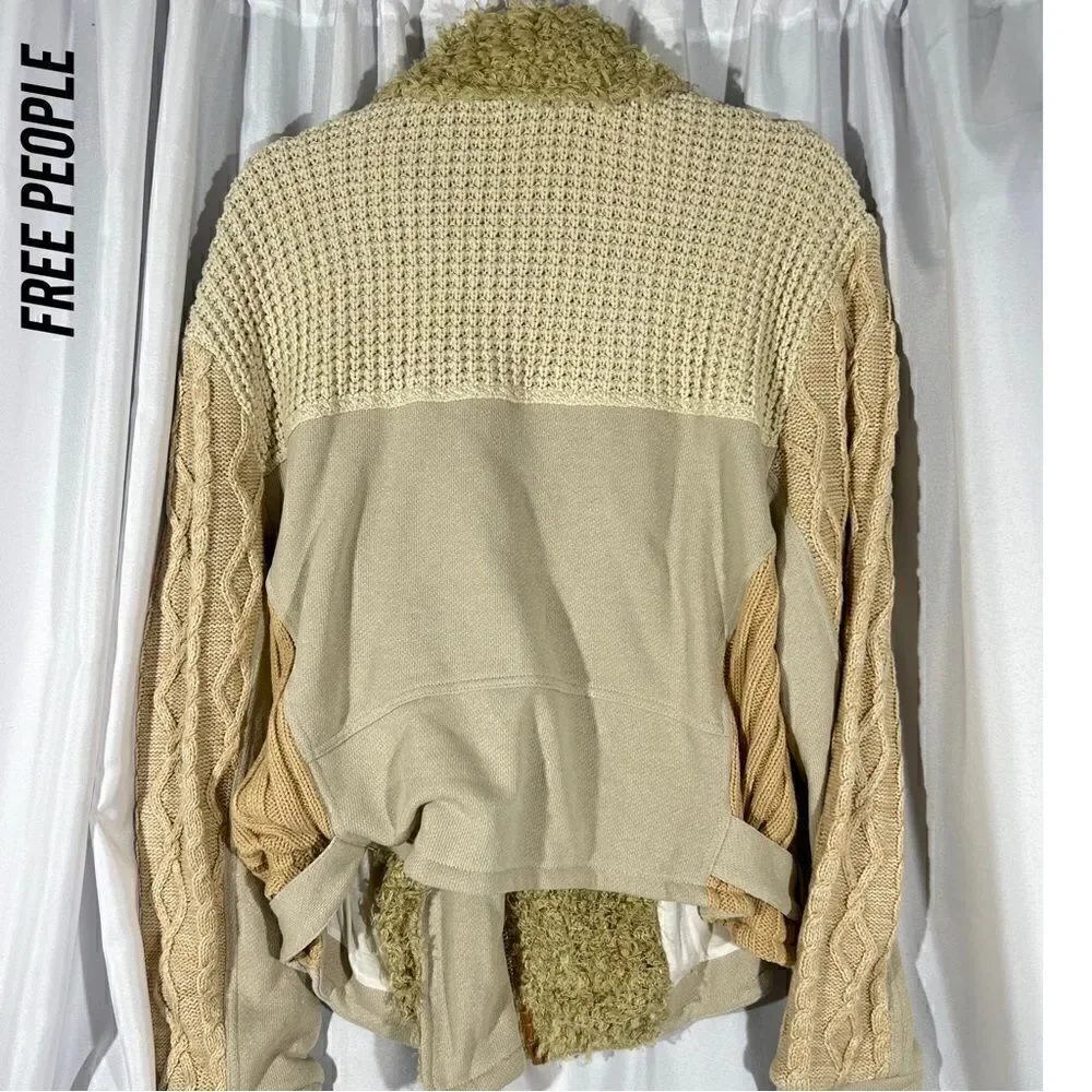 FREE PEOPLE COZY KNIT MIX MOTO JACKET NWT SIZE LARGE CREAM TAN